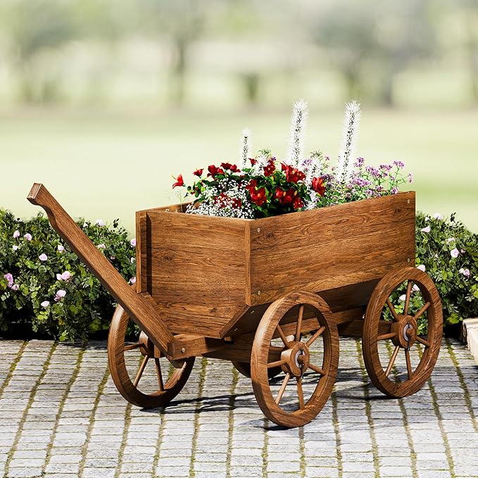 Wood Wagon Planter for Outdoor Balcony Decor - Garden Rustic Wooden Flower Cart with Wheels for Outside - Garden Decor - Amish Decorative Indoor - Wheelbarrow Planter for Patio-Ruum Studio Home