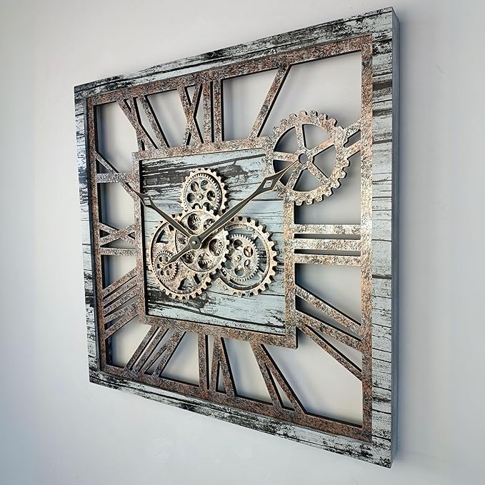 The Gears Clock 24'' Inch Square Real Moving Gear Wall Clock Vintage Industrial Oversized Rustic Farmhouse (Grey and White)-Ruum Studio Home