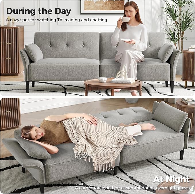 89” Futon Sofa Bed, Linen Comfy Futon Couch Bed with 2 Square Pillows, Convertible Sleeper Sofa with Adjustable Backrest& Armrests, Modern Loveseat Sleeper for Living Room, Bedroom, Light Gray-Ruum Studio Home