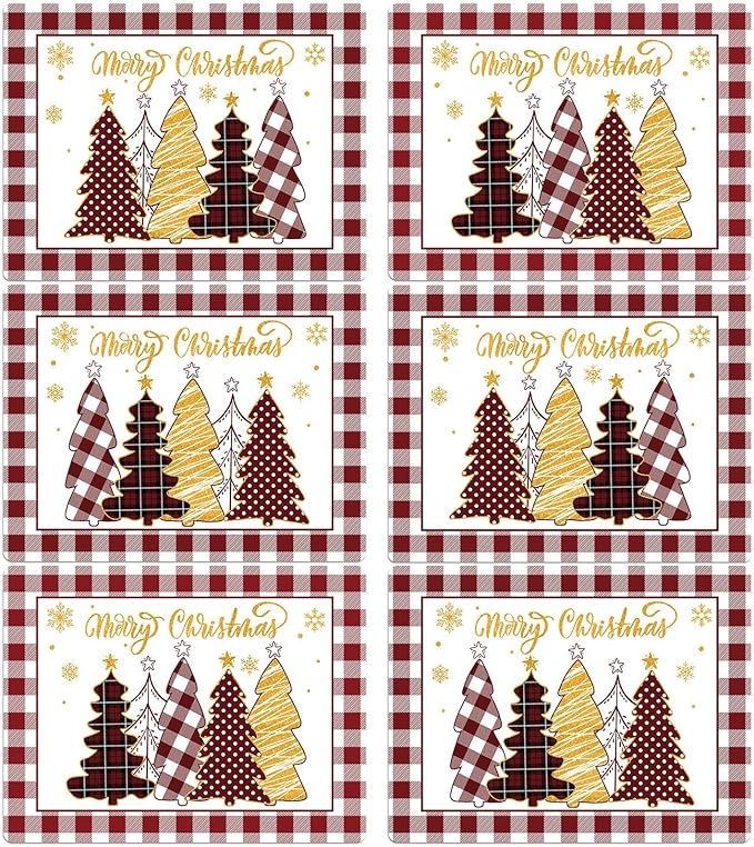 Winter Christmas Placemats Set of 6 Merry Christmas Watercolor Buffalo Plaid Plastic Table Mats Red Gold Xmas Trees Place Mat Holiday Table Decoration for Indoor Outdoor Party Kitchen Dining-Ruum Studio Home