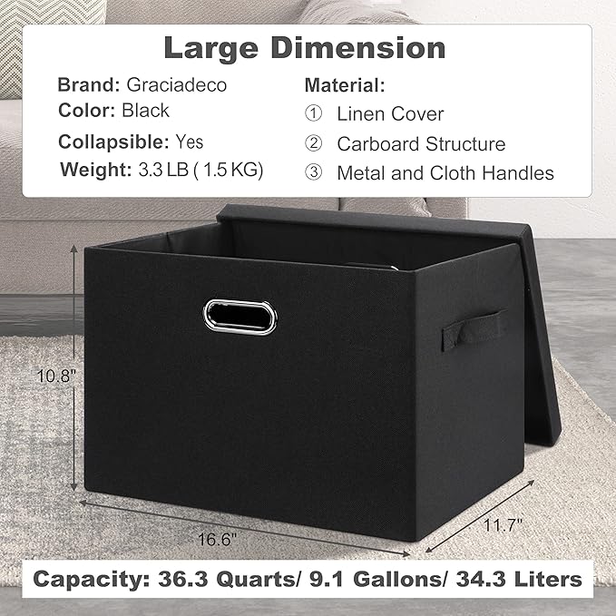 Large 17" 36 Quart Collapsible Stackable Storage Bins with Lids, 3 Packs Black Linen Fabric Closet Boxes with Lids, Storage Cube Baskets Container Organizers for Bedroom Office(17 x12 x11)-Ruum Studio Home