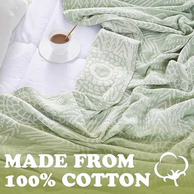 jinchan Boho 100% Cotton Blanket Muslin Lightweight Twin Size Throw Blanket Reversible for Couch Soft Cozy All Season 3-Layer Throw Coverlet Blanket for Bedroom Living Room Decor Green 60x80 Inches-Ruum Studio Home