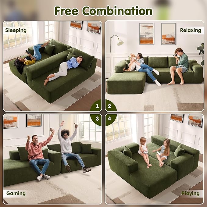 ovios 104" Cloud Sectional Couch with L-Shape Chaise,Modern Modular Sofa with Deep Seat, Upholstered Couches for Living Room Bedroom,No Assembly Required, Green (Cloud Velvet)-Ruum Studio Home