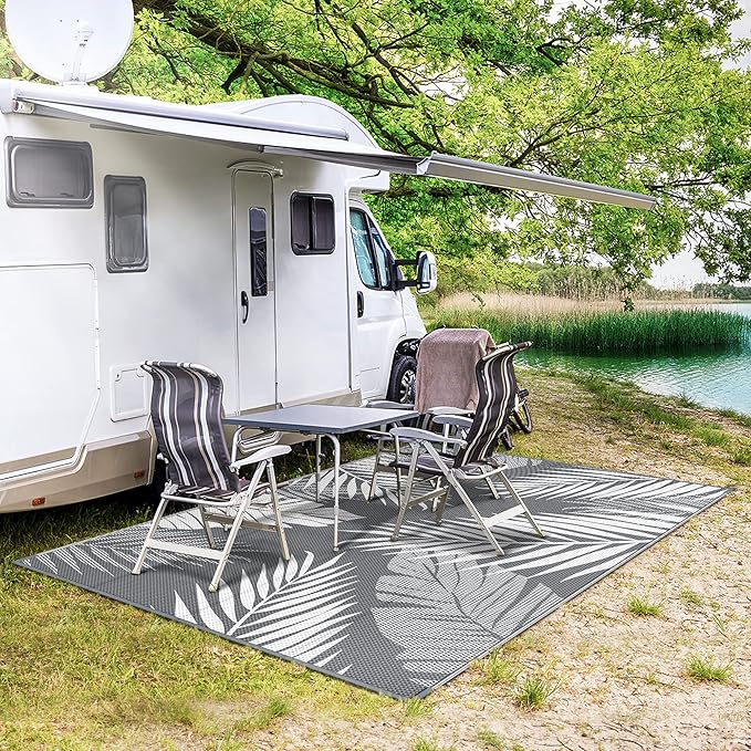 GENIMO Outdoor Rug 5' x 8' Waterproof for Patios Clearance, Reversible Plastic Straw Camping Carpet, Large Area Rugs Mats for RV, Picnic, Backyard, Deck, Balcony, Porch, Beach, Grey&White-Ruum Studio Home