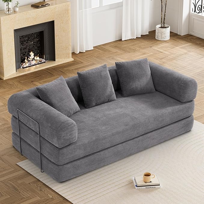 Convertible Sleeper Sofa Bed with Pillow, 4-in-1 Corduroy Folding Mattress Couch with Fixed-Shape Frame, Futon Fold Out Floor Sofa Cama Lounge Couch for Living Room Bedroom Studio, Grey-Ruum Studio Home