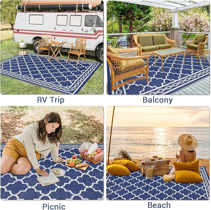 GAOMON Outdoor Rug 9'x12' Waterproof Rug for Patio Decor, Foldable Reversible Plastic Straw Area Rugs Mat for Camper, Outside Carpet for Deck, Porch, Picnic, Beach, Navy/White(Geometric)-Ruum Studio Home