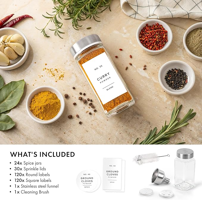 Glass Spice Jars with Label and Stainless Steel Lids (24 x 4oz) Spice Containers with 240 Labels, Shaker Inserts, Steel Funnel, Empty Square Empty Square Seasoning Organizer (White)-Ruum Studio Home