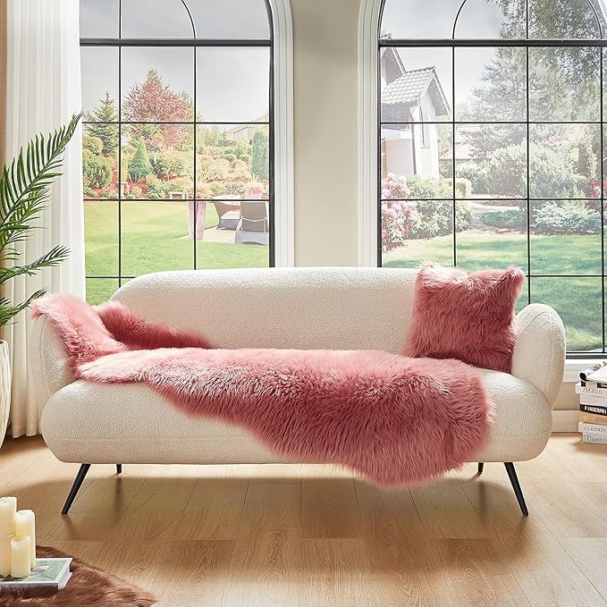 AMTOVO Faux Sheepskin Rug, Blush Pink Ultra Soft Fluffy Shag Area Rug, 2 x 6 ft Faux Fur Rug for Bedroom Sofa Throw Cushion Room Decor, Sheepskin-Ruum Studio Home