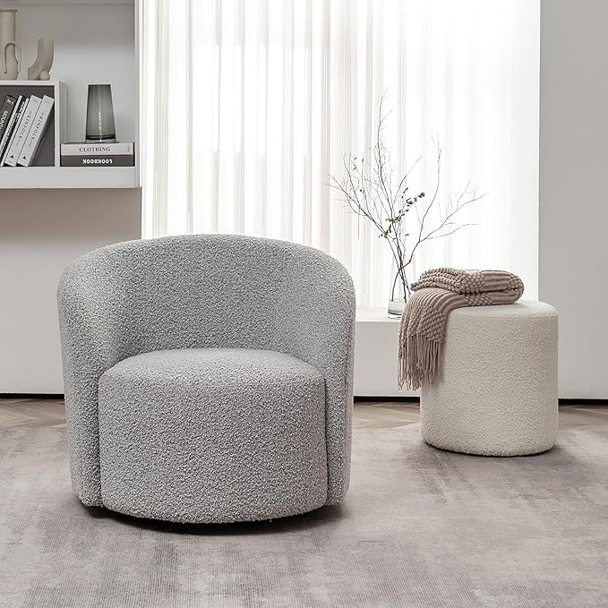 KINWELL 34" Boucle Swivel Barrel Chair with 18" Round Ottoman Set, Fully Assembled Set of Sherpa Accent Chair and Footrest, Modern Comfy Armchair and Footstool for Living Room and Bedroom, Black White-Ruum Studio Home