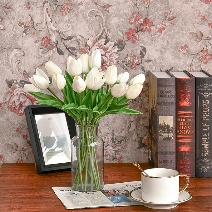 Mandy's Artificial Tulips 60 Stems White PU Faux Flowers for Wedding Home Decor 13.5 Inch-Ruum Studio Home