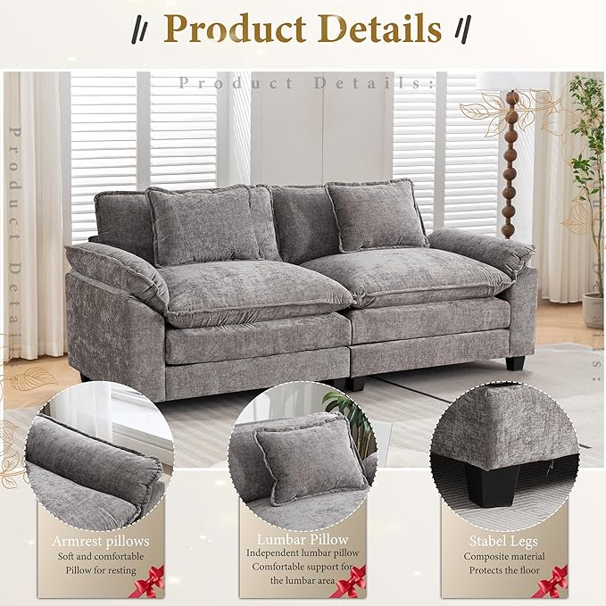 URRED Modular Sectional Sofa Comfy Cloud Couch, Modern Chenille Sofa Sleeper Deep Seat Couches with Ottoman/Pillows for Living Room (Gray, 82.6'')-Ruum Studio Home