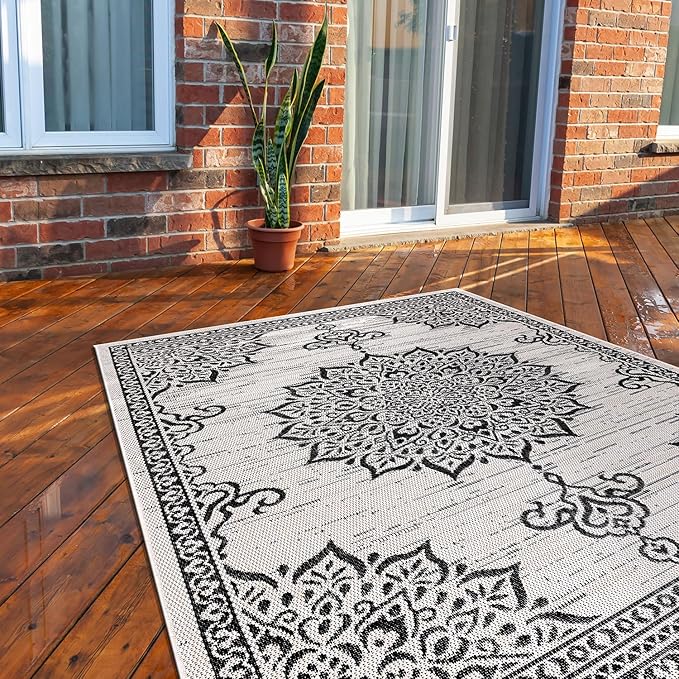 CAMILSON Outdoor Rug, 8x10 Medallion White Black Modern Area Rugs for Indoor and Outdoor Patios, Kitchen and Hallway Mats, Washable Porch Deck Outside Carpet (Medallion White, 8 x 10)-Ruum Studio Home