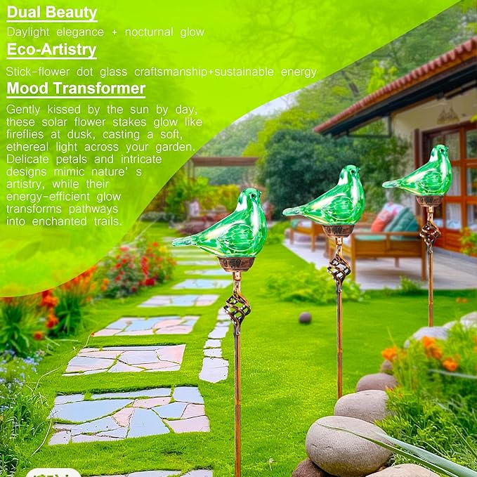 Decorative Solar Lights Outdoor Solar Bird Stake Lights Hand Blown Glass Decorative Garden Pathway Lights Outdoor Waterproof Glass Stakes (Green)-Ruum Studio Home