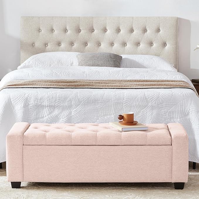 48" Ottoman with Storage, Pink Storage Ottoman Bench with Safety Hinge, Upholstered Entryway Bench with Seating for Bedroom, Living Room, Holds up to 330 lb-Ruum Studio Home