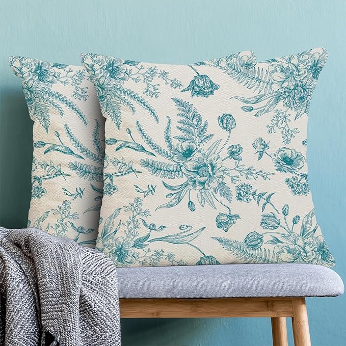 CXMEIFLY Aqua Teal Spring Pillow Covers 18 x 18 Inch Set of 2 for Chinoiserie Flowers Decor Throw Pillows Floral Leaves Seasonal Plant Outdoor Decorative Cushion Cases for Couch Bed Decorations-Ruum Studio Home