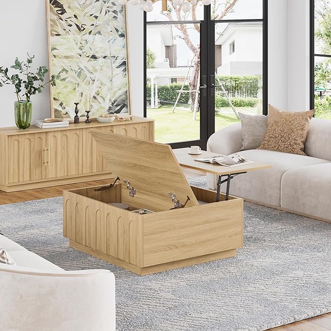 Lift Top Coffee Table with Storage, Modern Coffee Table with Arched Design, 31.5" Square Tea Table with Wood Grain, Boho Multifunctional Center Table for Living Room, Office, Oak-Ruum Studio Home