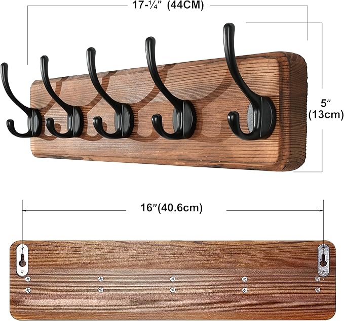 SKOLOO Rustic Wall Mounted Coat Rack with 16 Inch Mounting Hole Distance, Pine Solid Wood Coat Hook Hanger - 5 Hooks for Hanging Clothes Robes Towels Coats-Ruum Studio Home