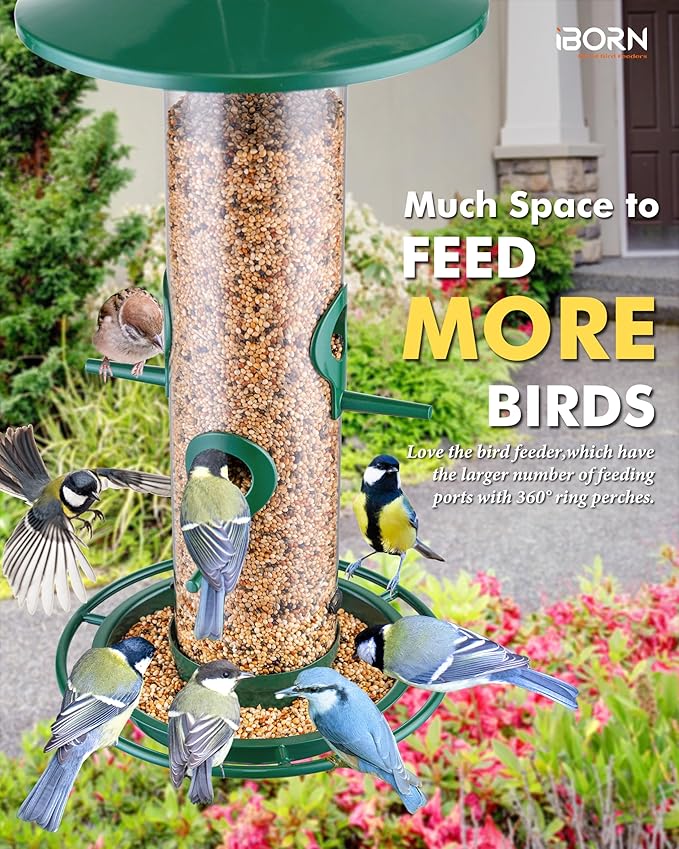 iBorn Bird Feeders for Outdoors, 2LB Metal Bird Feeders 17cm Large Roof &Tray, 4 Feeding Ports, Green Finish-Ruum Studio Home