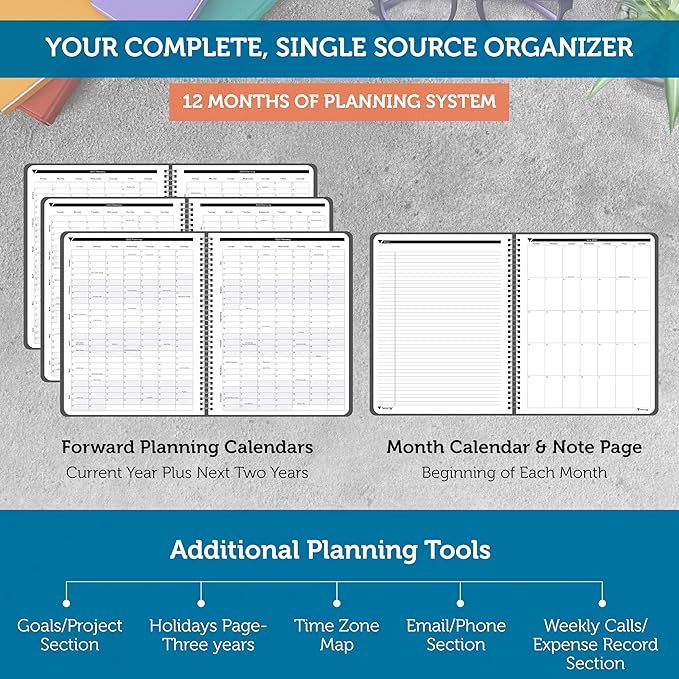 Planner Pad Spiral Bound 3-Tier Funnel Down 12 Month Organizer, July 2025 – June 2026 / Academic Year, Black Cover/Black Ink, 8 1/2" x 11"-Ruum Studio Home