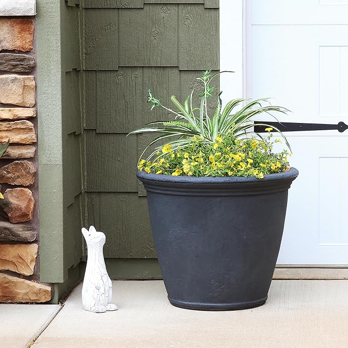 Sunnydaze 24-Inch Anjelica Large Plastic Pot for Plants - Outdoor Polyresin Round Planter with Drillable Drainage Holes - Slate-Ruum Studio Home