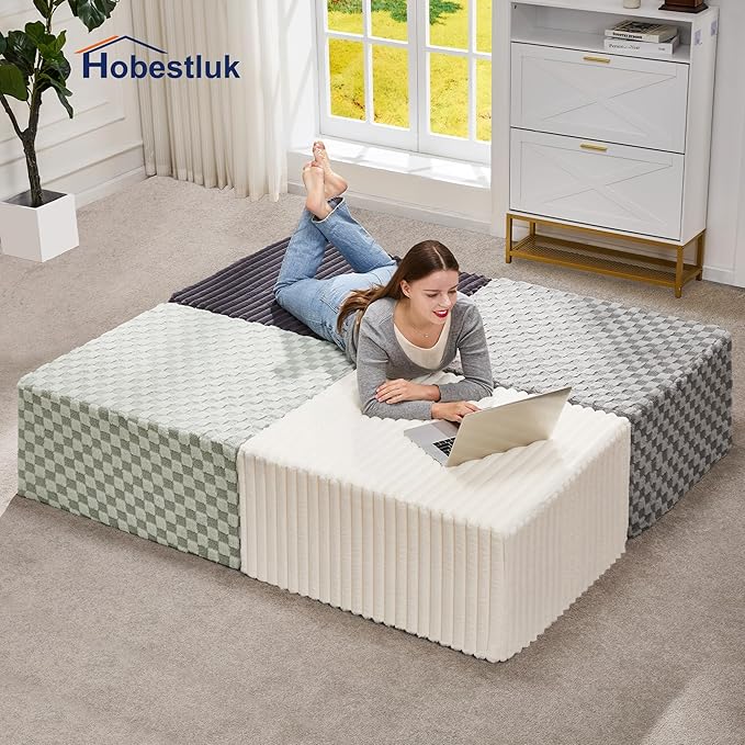 Hobestluk Rectangle Ottoman Memory Foam Footrest for Couch with Removable Cover Large Floor Seating for Adults Ottoman Coffee Table for Living Room, Bedroom or Office (Plush White, Footrest)-Ruum Studio Home