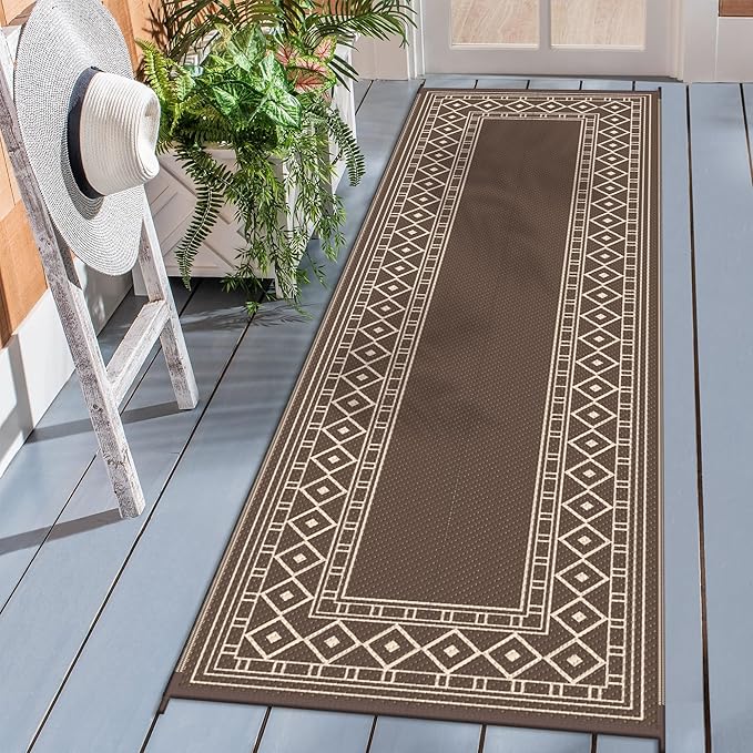 GENIMO Outdoor Rug Waterproof for Patio Decor, 2.5'x8' Foldable Reversible Plastic Straw Runner Rugs Carpet for Porch, Outside Area Mat for Rv, Deck, Picnic, Camper, Balcony, Coffee & Beige-Ruum Studio Home