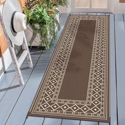 GENIMO Outdoor Rug Waterproof for Patio Decor, 2.5'x8' Foldable Reversible Plastic Straw Runner Rugs Carpet for Porch, Outside Area Mat for Rv, Deck, Picnic, Camper, Balcony, Coffee & Beige-Ruum Studio Home