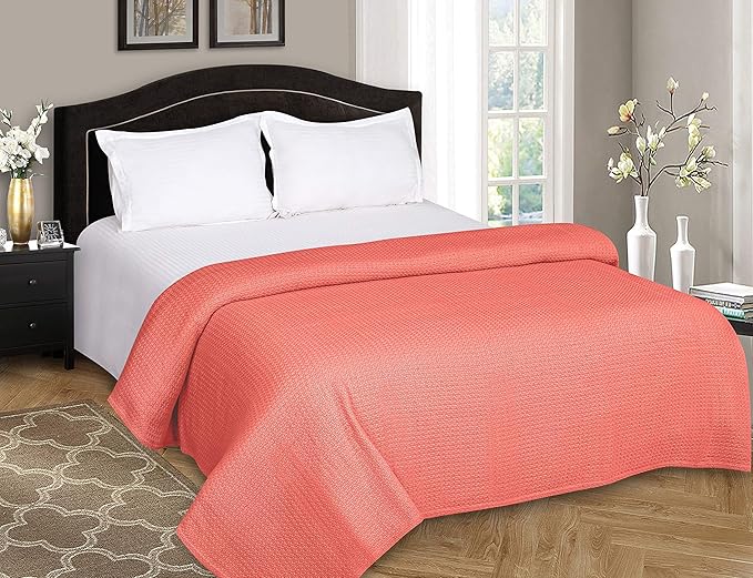 BELIZZI HOME 100% Cotton Bed Blanket, Breathable Bed Blanket Full Queen Size, Cotton Thermal Blankets Full Queen, Perfect for Layering Any Bed for All Season, Coral-Ruum Studio Home