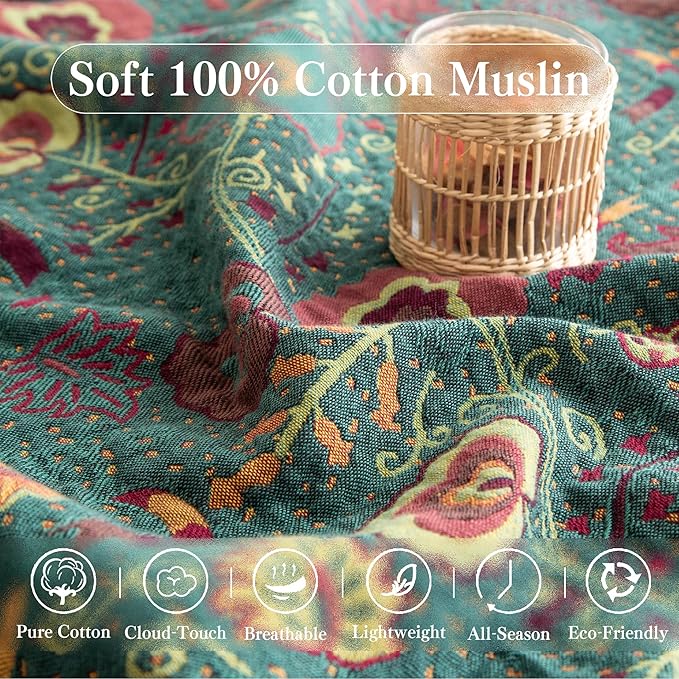 Boho Throw Blanket Full Size, Extra Large Soft Cozy Cotton Muslin Quilt Blanket for Bed Decor, Floral Patterned Couch Sofa Chair Cover, Vintage Farmhouse Cottage Woven Blanket, Green&Orange-Ruum Studio Home