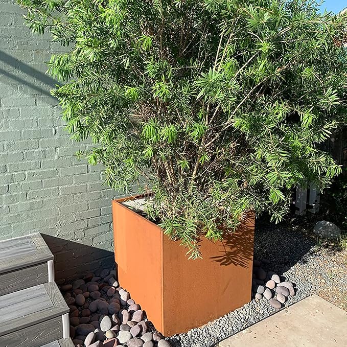 Corten Steel Planter Box Large Outdoor Planter Square Cube Planters Rustic Metal Garden Flower Pot 24 Inch Durable Antique Detached for Commercial Residential Patio Deck and Yard-Ruum Studio Home