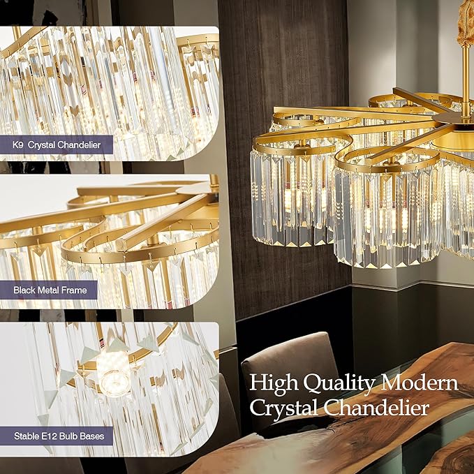 30.3“ Gold Semi Flush Mount Ceiling Light Fixtures, 8-Light Gold Modern Crystal Chandelier Height Adjustable Pendant Lighting for Bedroom Entryway Hallway Kitchen Island Living Room Foyer-Ruum Studio Home