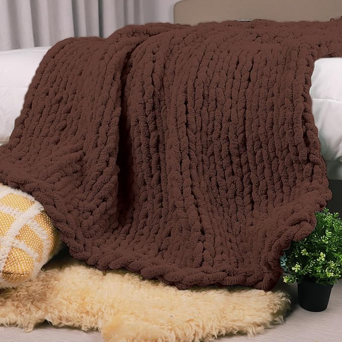Carriediosa Chunky Knit Throw Blanket 60" X 80" Twin, 100% Hand Made Large Chenille Loop Yarn Soft Fluffy Throws for Couch Sofa Bed, Big Crochet Cozy Heavy Thick Cable Woven Blanket, Cocoa Brown-Ruum Studio Home