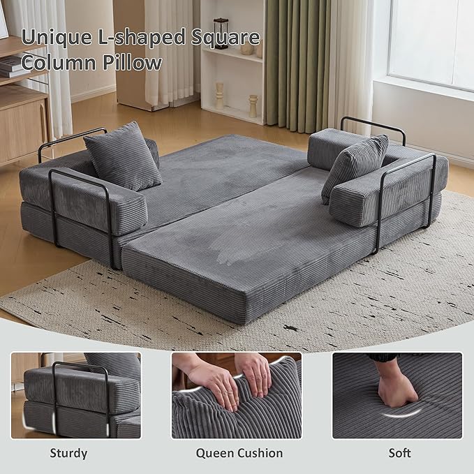 Convertible Sleeper Sofa Bed, Compression Folding Sofa with Pillow, No Assembly Required, Shape Frame, Floor Sofas Lounge Couch for Living Room, Bedroom, Small Spaces(Corduroy, 77''W, Dark Grey)-Ruum Studio Home