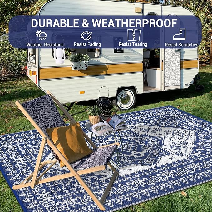 GAOMON Large Outdoor Plastic Straw Rug 10x14 Waterproof Patio Rug Reversible Foldable Portale Camping Mat with Stakes & Bag, Vintage Boho Outside Carpet for RV Garden Deck Porch, Navy-Ruum Studio Home