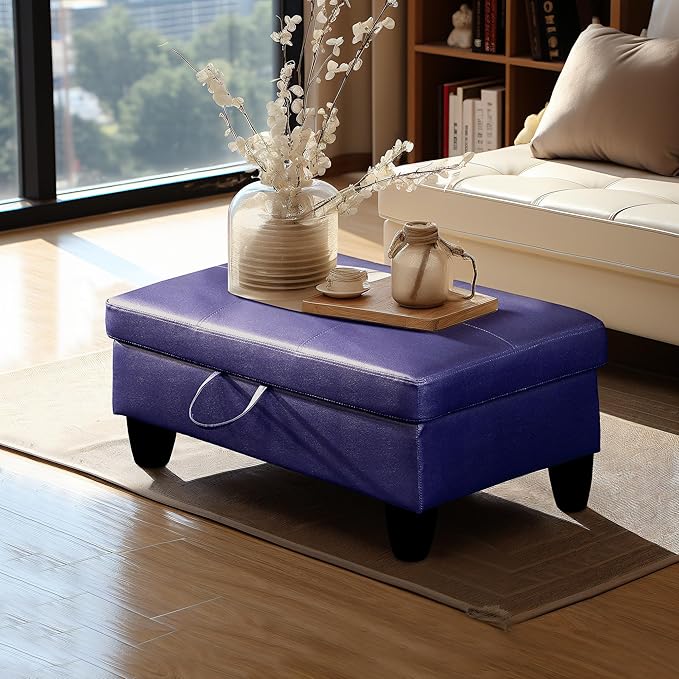 Ottoman Rectangular Storage Ottoman Bench, Faux Leather Footrest, Coffee Table, Stool Footstool with Hinged Lid for Living Room, Bedroom, Entryway, Blue, 28.5"x19"x17.5"-Ruum Studio Home