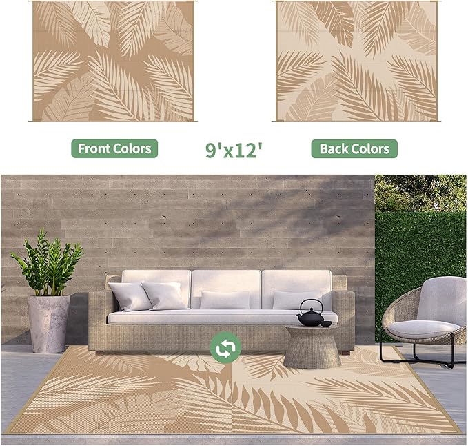 GENIMO Outdoor Rug 9' x 12' Waterproof for Patios Clearance, Reversible Outdoor Plastic Straw Camping Rug Carpet, Large Area Rugs Mats for RV, Camper, Deck, Balcony, Porch, Beach, Picnic, Brown&Beige-Ruum Studio Home