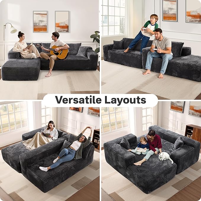 104" Cloudy Sectional L Shaped Couch for Living Room, No Assembly Required, Modular Comfy Sofa with Deep Seat, Fluffy Couch with Sleeper Chaise for Apartment Lounge (Grey)-Ruum Studio Home