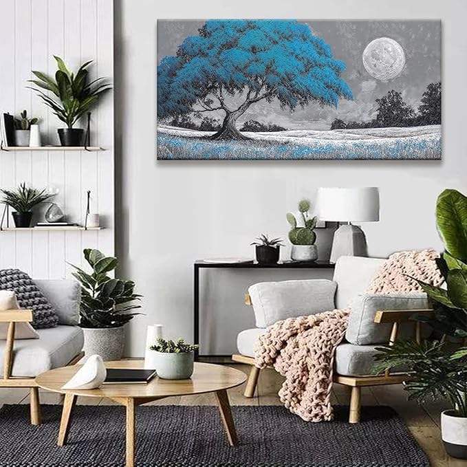 TAIJXAGSG Wall Art For Living Room Blue Tree Moon Canvas Art Wall Print Decor Artwork Print Painting 24" X 48" Modern Wall Art Picture For Bedroom Modern Salon Kitchen Office Home Wall Decor-Ruum Studio Home