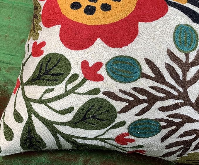 Lumbar Cream Suzani Cushions - Boho Floral Throw Pillows | Outdoor Pillows & Chair Cushions - Hand Embroidered Wool Size - 14x20-Ruum Studio Home