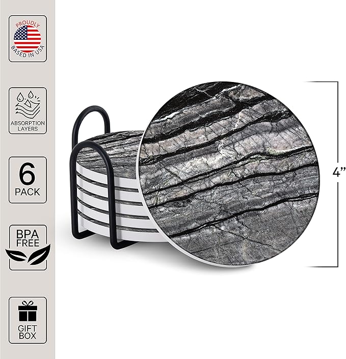 Emerson Coasters for Drinks Absorbent – Natural Stone Drink Coasters Set with Holder, Coasters for Coffee Table, Wooden Tabletop Protection Marble Style – 100% Heavy Duty Set of 6 (Obsidian)-Ruum Studio Home