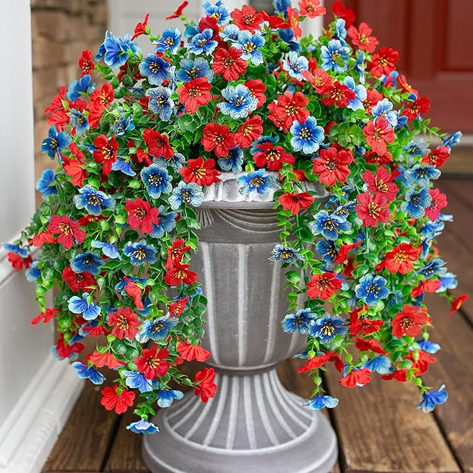 INSPRING Artificial Faux Hanging Flowers Plants for Spring Outdoor Outside Decoration, 2 PCS Fake Silk Daisy with Eucalyptus UV Resistant Realistic Trailing Vines for Balcony Patio Porch (BlueRed)-Ruum Studio Home