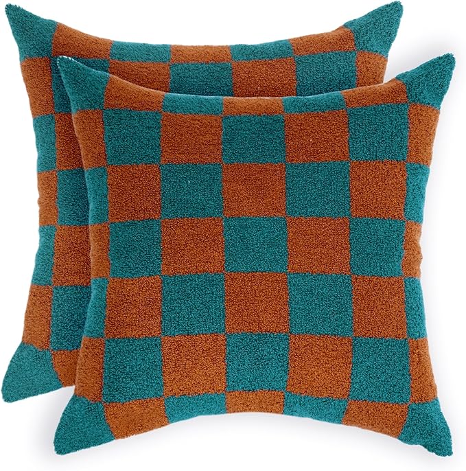 Alysheer Checkered Embroidered Decorative Throw Pillow Covers 18"x 18" Set of 2, Farmhouse Cottage Teal Brown Plaid Tufted Patterned Cotton Canvas Cushion Case for Sofa Couch Bed Living Room-Ruum Studio Home
