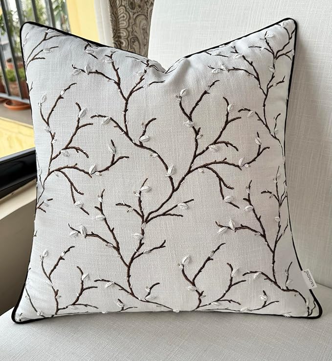 VAGMINE Embroidered Pussy Willow Throw Pillow Cover - 20x20 Inches Square - 100% Cotton Ivory Cushion Cover - Delicate Floral Stitchwork - Chic Home Accent for Sofa, Lounge, Rustic Farmhouse Décor-Ruum Studio Home