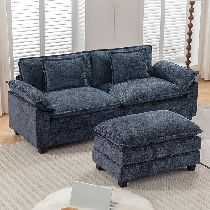 URRED Modular Sectional Sofa Comfy Cloud Couch, Modern Chenille Sofa Sleeper Deep Seat Couches with Ottoman/Pillows for Living Room (Blue, 82.6''- L Shape)-Ruum Studio Home