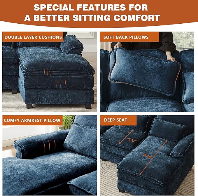 113" Oversized Cloud Couch, U Shape Sectional 4 Seat Sofa with Double Chaises, 2 Layer Cusions, Deep Seat Comfy Sofa, Upholstery Chenille Fabric for Living Room, Blue-Ruum Studio Home