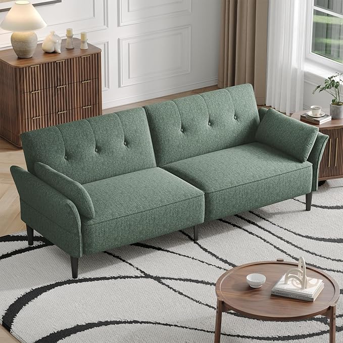 89” Futon Sofa Bed, Linen Comfy Futon Couch Bed with 2 Square Pillows, Convertible Sleeper Sofa with Adjustable Backrest& Armrests, Modern Loveseat Sleeper for Living Room, Bedroom, Green-Ruum Studio Home