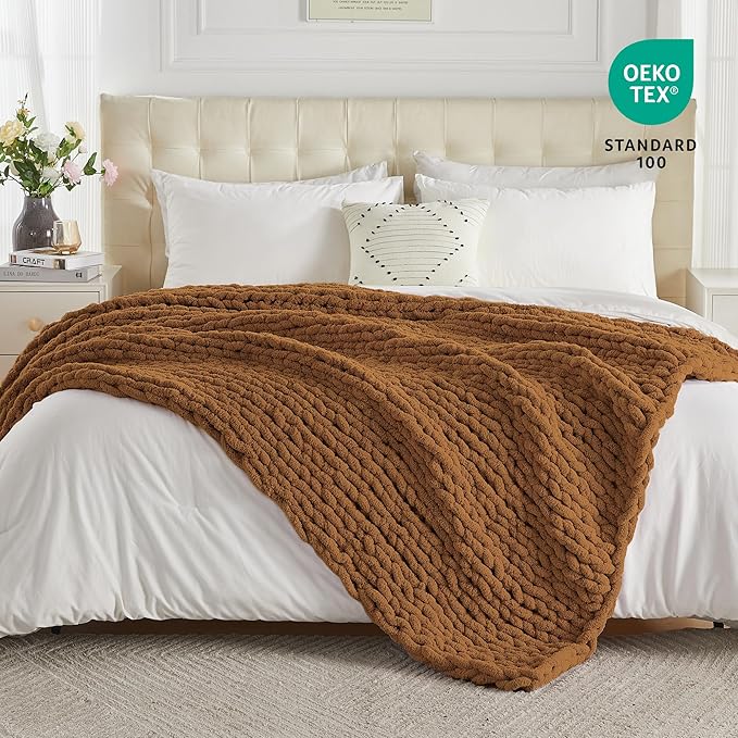 Carriediosa Chunky Knit Throw Blanket 50" X 60", 100% Hand Made Large Chenille Loop Yarn Soft Fluffy Throws for Couch Sofa Bed, Big Crochet Cozy Heavy Thick Cable Woven Blanket, Light Brown-Ruum Studio Home