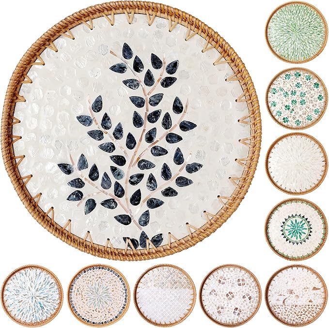 Round Rattan Tray with Mother of Pearl Inlay & Wooden Base - Decorative Wicker Serving Tray for Coffee/Bread/Fruits, Food Storage & Display - Multipurpose Home Decor (L,Little Tree)-Ruum Studio Home