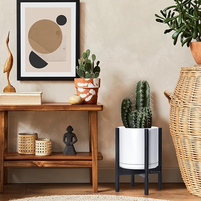 D'vine Dev Ceramic Planter with Ebony Stand - 10 Inch Modern Round Flower Pot with Wood Planter Holder, White, 55-B-L-1-Ruum Studio Home