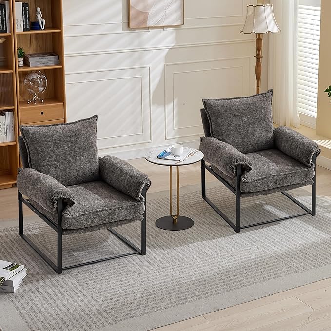 YISHENG Accent Chair with 6-Angle Adjustable Backrest, Chenille Fabric Living Room Chair Upholstered Lounge Chair, Modern Chair Cozy Reclining Chair for Reading Room, Set of 2 Gray-Ruum Studio Home